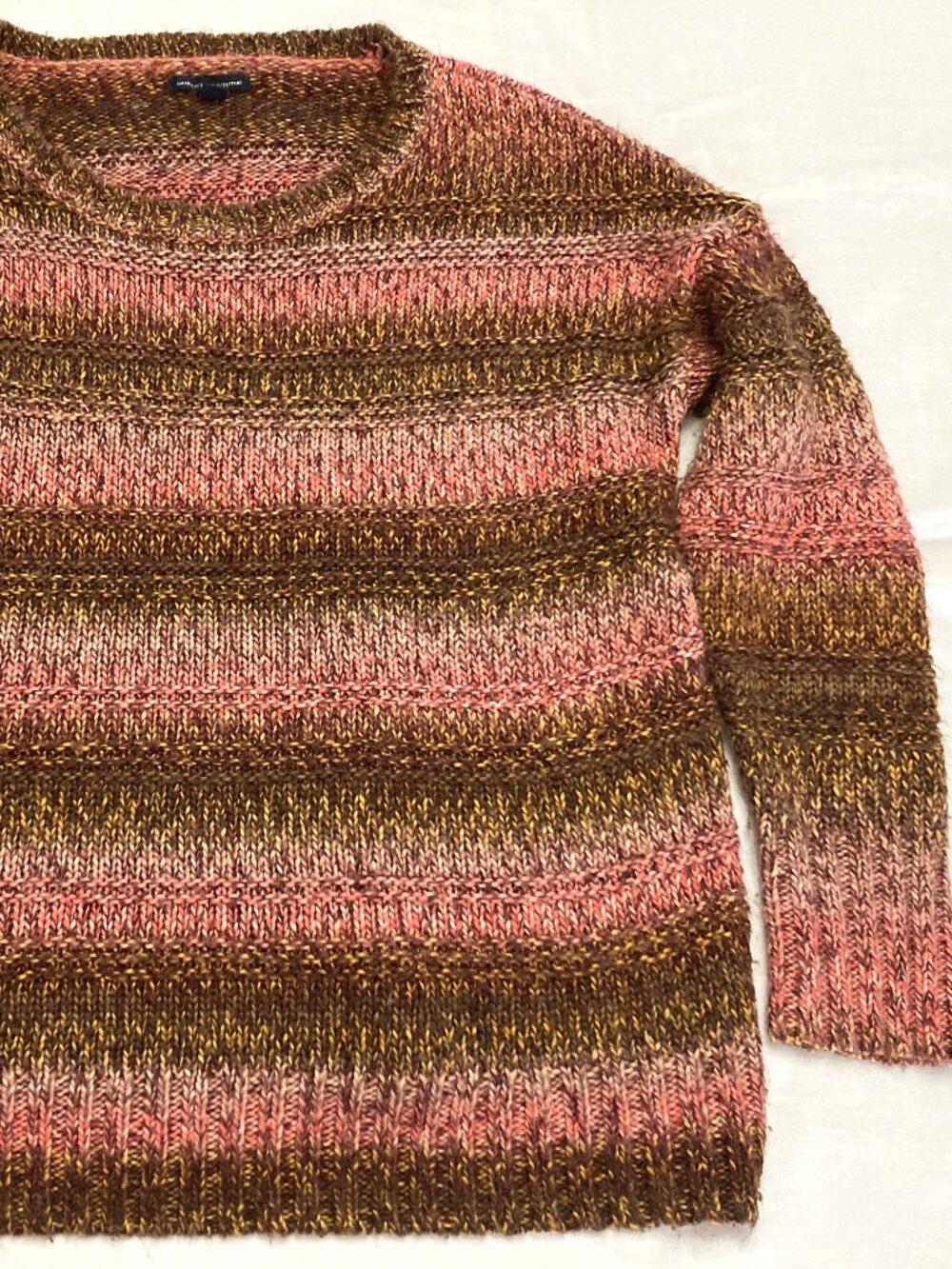 American Eagle Outfitters Pink Brown Stripe Crew Neck Sweater - Women's L
